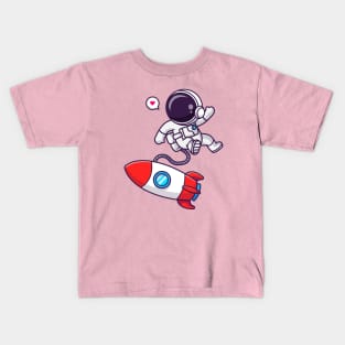 Cute Astronaut Floating With Rocket In Space Cartoon Kids T-Shirt